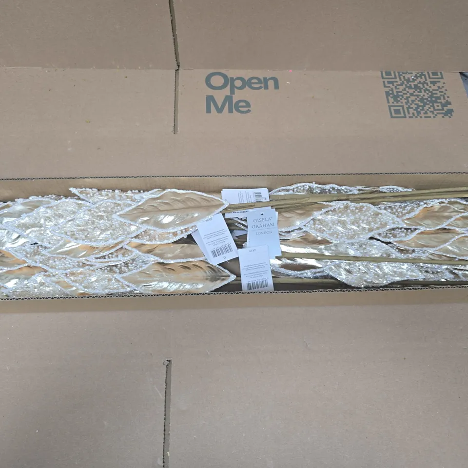 BOX OF APPROXIMATELY 12 GISELA GRAHAM WHITE AND GOLD FAUX LEAF ARRANGEMENTS