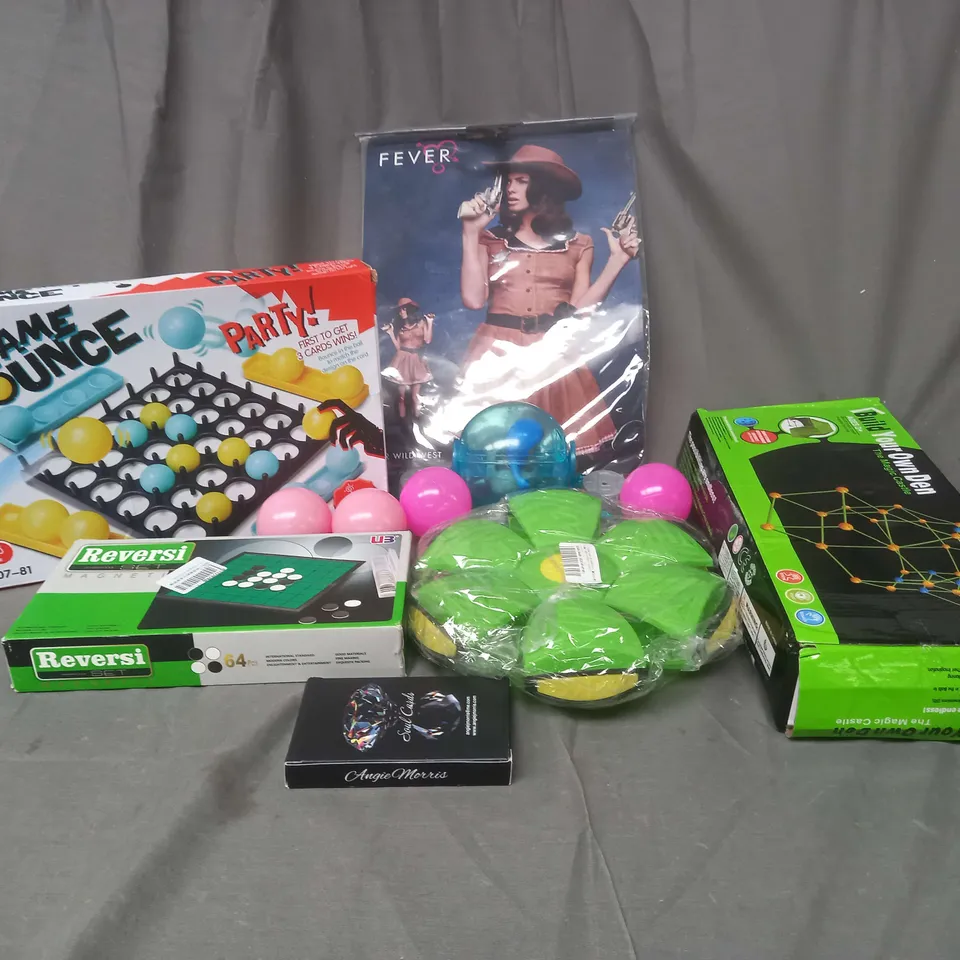 LARGE BOX OF ASSORTED TOYS AND GAMES TO INCLUDE GAME BOUNCE, FANCY DRESS AND BUILD YOUR OWN DEN