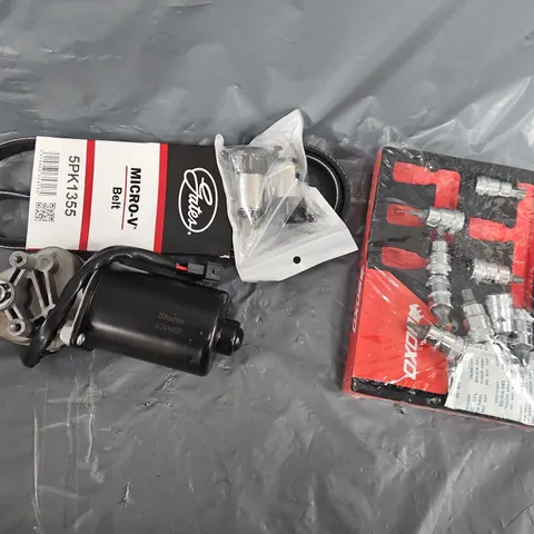 box of assorted car parts and accessories to include  - micro v belt - tools - filters 