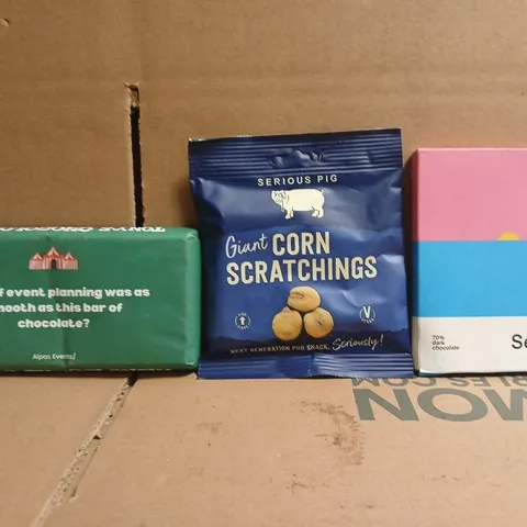 APPROXIMATELY 10 ASSORTED FOOD AND DRINK ITEMS TO INCLUDE CORN SCRATCHINGS OCELOT SEA SALT DARK CHOCOLATE, ETC