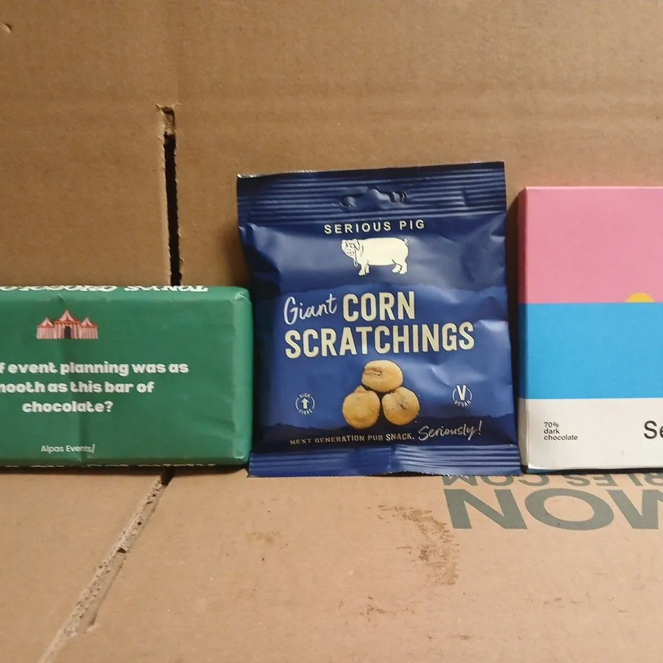 APPROXIMATELY 10 ASSORTED FOOD AND DRINK ITEMS TO INCLUDE CORN SCRATCHINGS OCELOT SEA SALT DARK CHOCOLATE, ETC