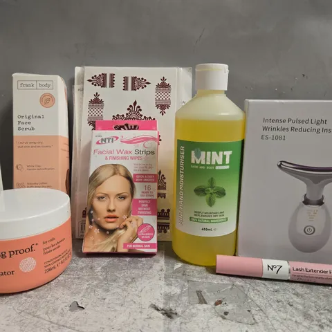 APPROX 12 ASSORTED BEAUTY PRODUCTS TO INCLUDE FRANK BODY FACE SCRUB, LIVING PROOF CONDITIONING STYLER, INTENSE PULSED LIGHT, ETC