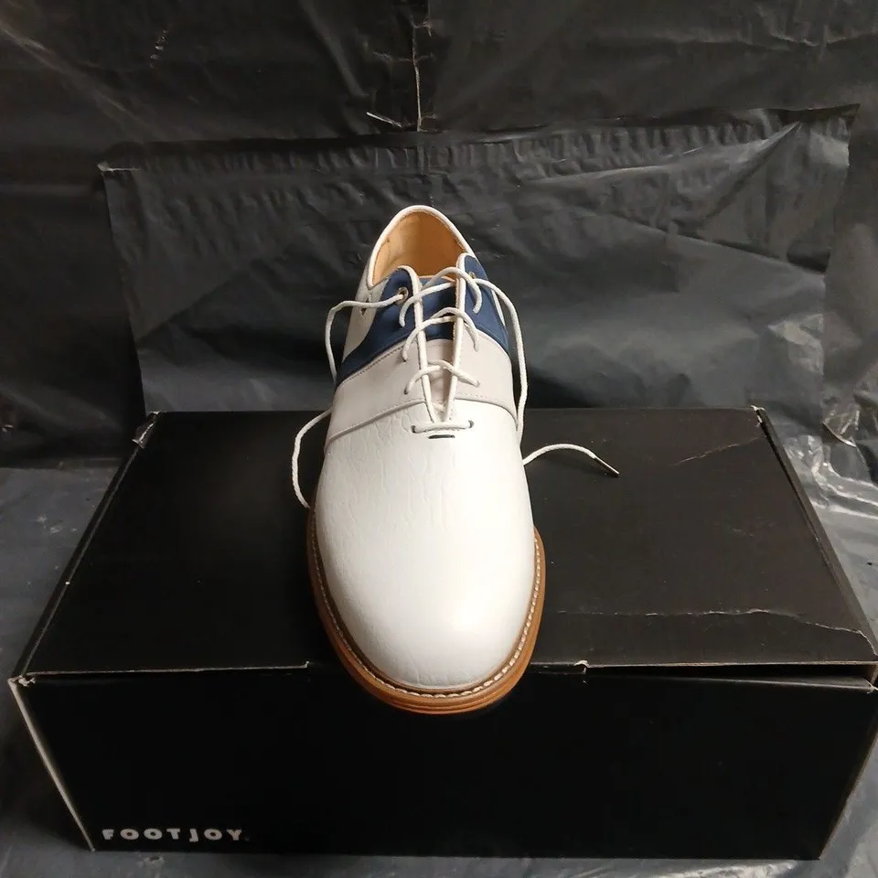 FOOTJOY WHITE LEATHER GOLF SHOES WITH BLUE STRIPE – BOXED UK 11