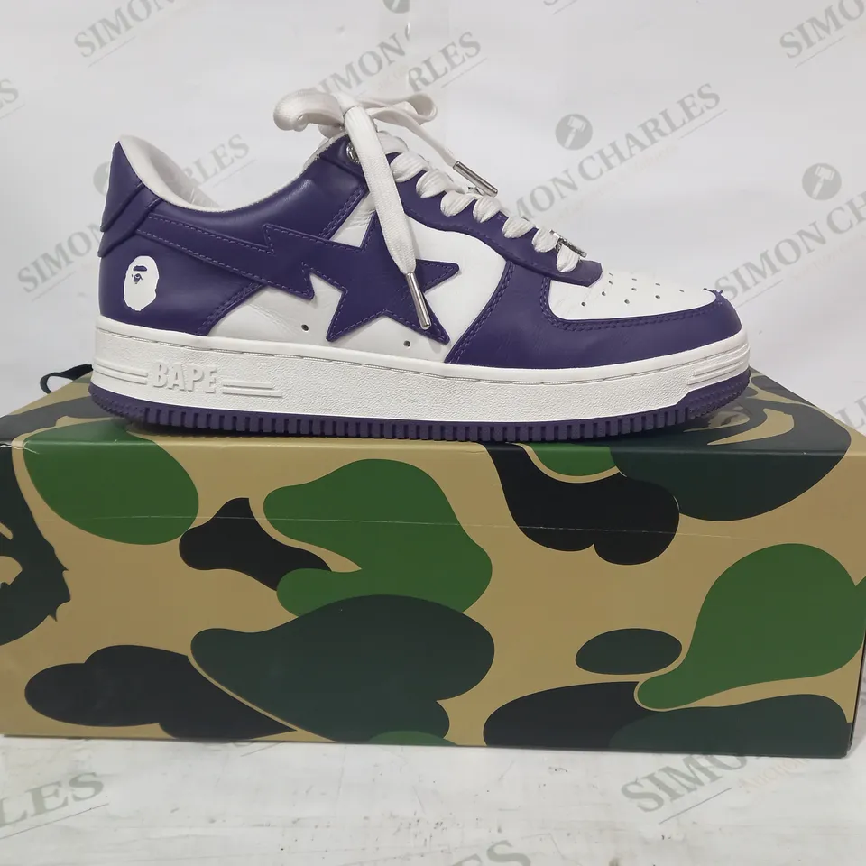 BOXED PAIR OF A BATHING APE SHOES IN PURPLE/WHITE US SIZE 8