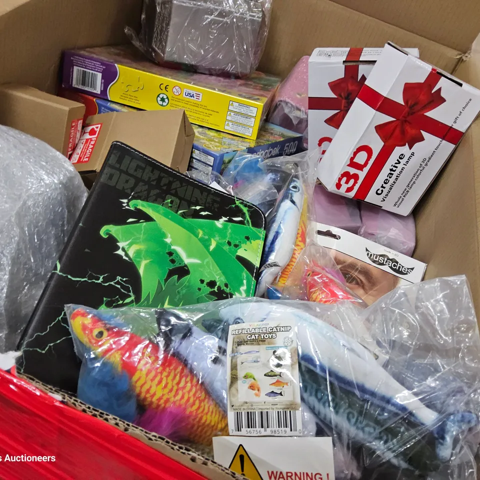 PALLET CONTAINING 6 BOXES OF ASSORTED ITEMS, TO INCLUDE,BIRTHDAY BALLOONS, JIG SAWS, HARD DRIVE ADAPTERS, CLOTHING, CARD COLLECTOR WALLETS, LED NIGHT LIGHTS, CAT TOYS,3D VISUALIZATION LAMPS