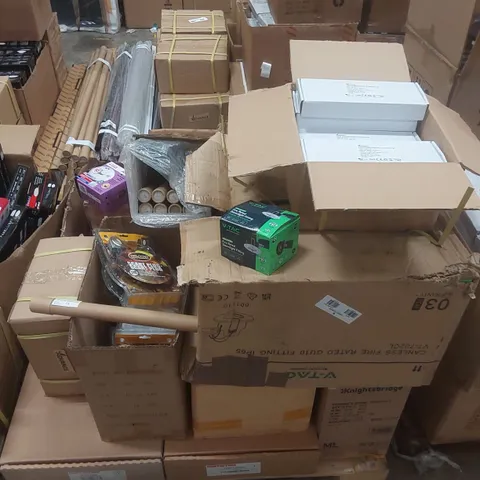 PALLET CONTAINING A VERY LARGE QUANTITY OF ASSORTED ITEMS TO INCLUDE: BRAVO LED LIGHTS, FIRE RATED DOWNLIGHT FITTINGS, SCART PLUGS, RESIDENTIAL HEAT ALARMS ECT
