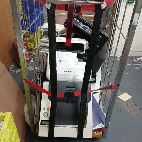 CAGE OF APPROXIMATELY 30 ASSORTED PRODUCTS TO INCLUDE; HIOTACHI ED-A101 3LCD, EPSON XP-30, TOSHIBA DYNADOCK AND BROTHER HL-L2360DN