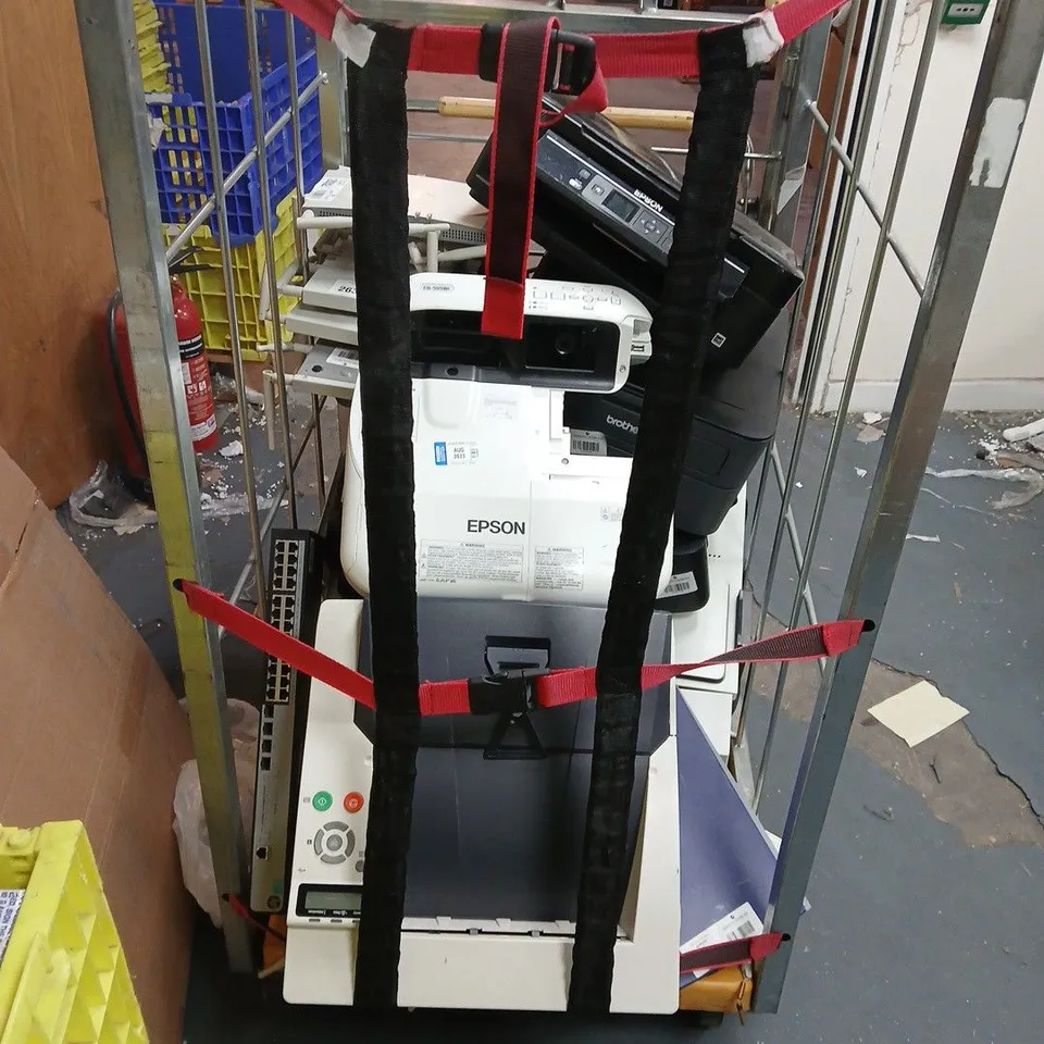 CAGE OF APPROXIMATELY 30 ASSORTED PRODUCTS TO INCLUDE; HIOTACHI ED-A101 3LCD, EPSON XP-30, TOSHIBA DYNADOCK AND BROTHER HL-L2360DN