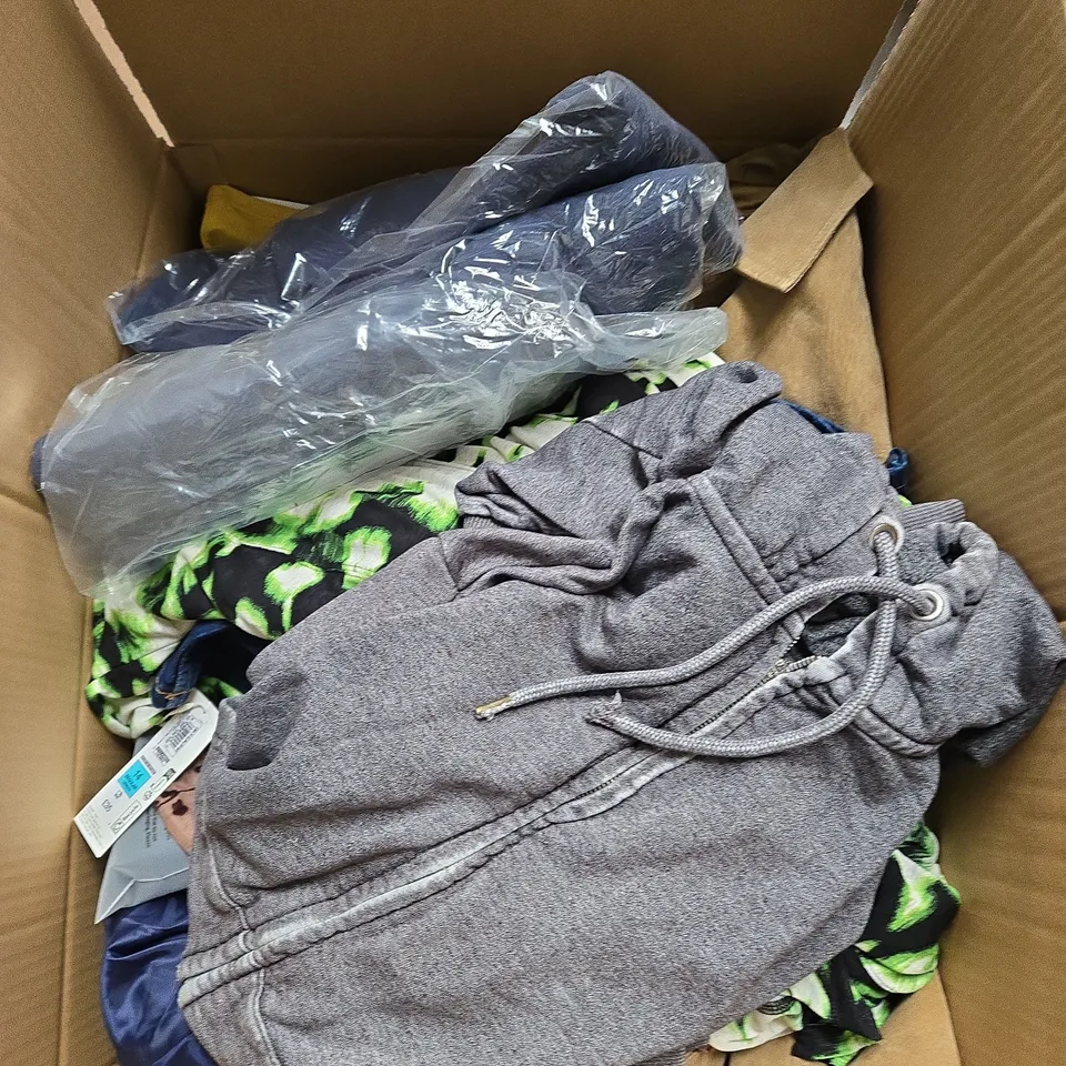 LARGE BOX OF ASSORTED CLOTHING ITEMS IN VARIOUS SIZES, STYLES AND COLOUR 