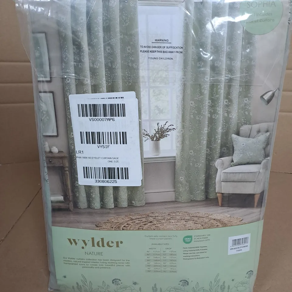 WYLDER NATURE EYELET LINED CURTAINS IN GREEN - W 66" / D 72"