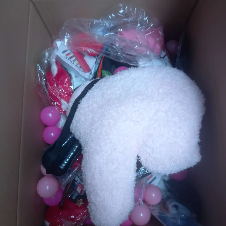 LARGE BOX OF ASSORTED TOYS AND GAMES TEDDIES, SKIPPING ROPE AND MASKS