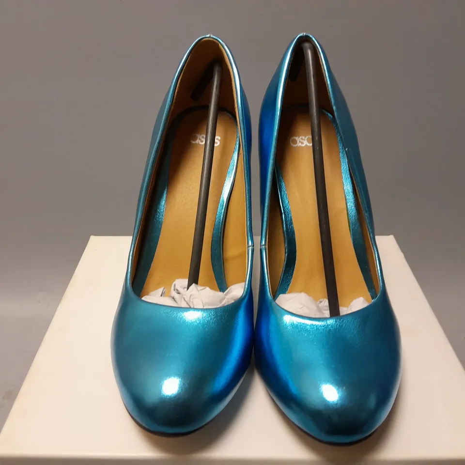 9 BOXED ASOS SCALA HIGH HEELS IN BLUE - UK 6