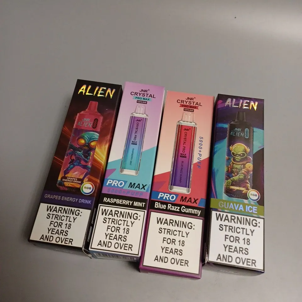 BOX OF APPROXIMATELY 20 ASSORTED 0% NICOTINE ECIGS TO INCLUDE GUAVA ICE, BLUE RAZZ GUMMY, RASBERRY MIND ETC