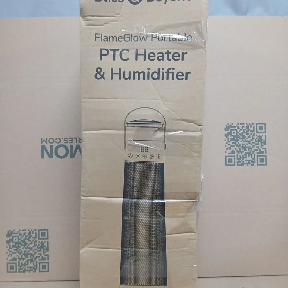 BOXED BLISS & BEYOND FLAMEGLOW PORTABLE PTC HEATER & HUMIDIFIER IN GREY