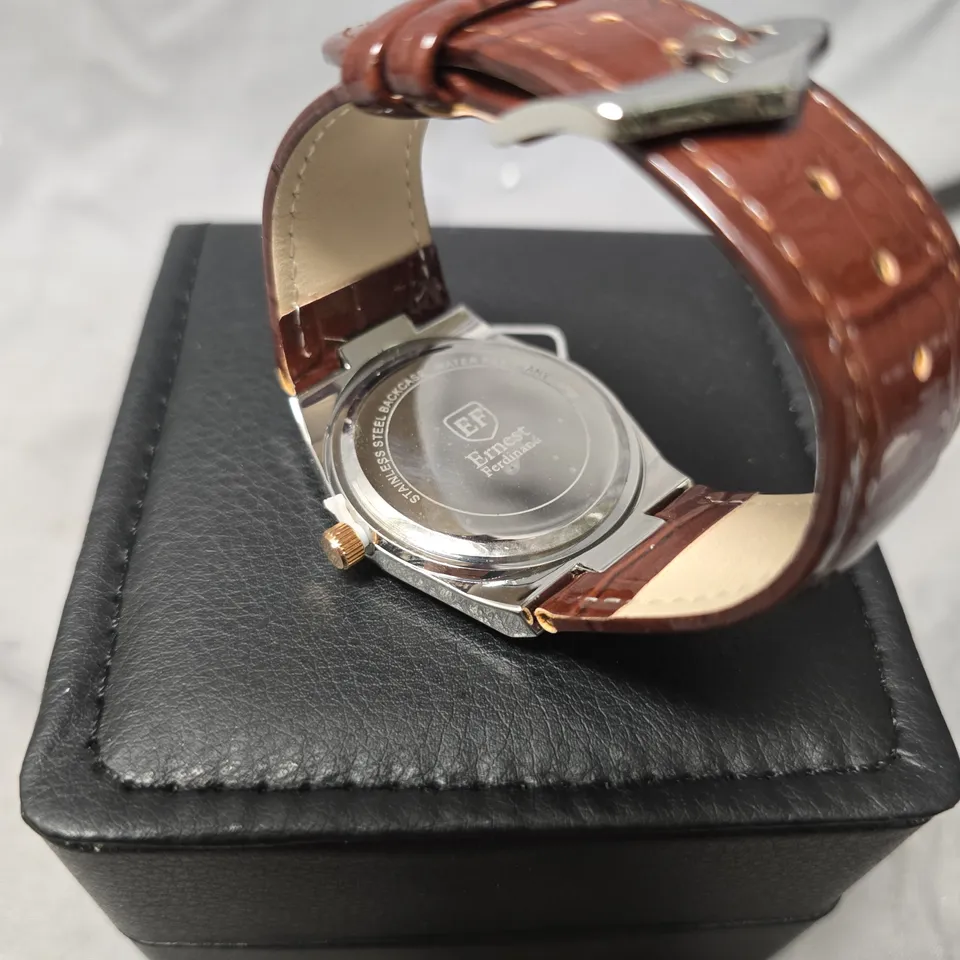 MENS ERNEST FERDINAND WATCH – DAY DATE CALENDAR DIAL – BROWN LEATHER STRAP – 3ATM WATER RESISTANT - GIFT BOX