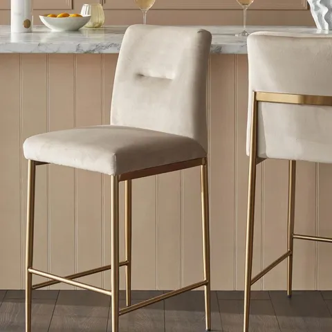 BOXED DANETTI KEIRA CHAMPAGNE VELVET AND BRASS STATIC BAR STOOL