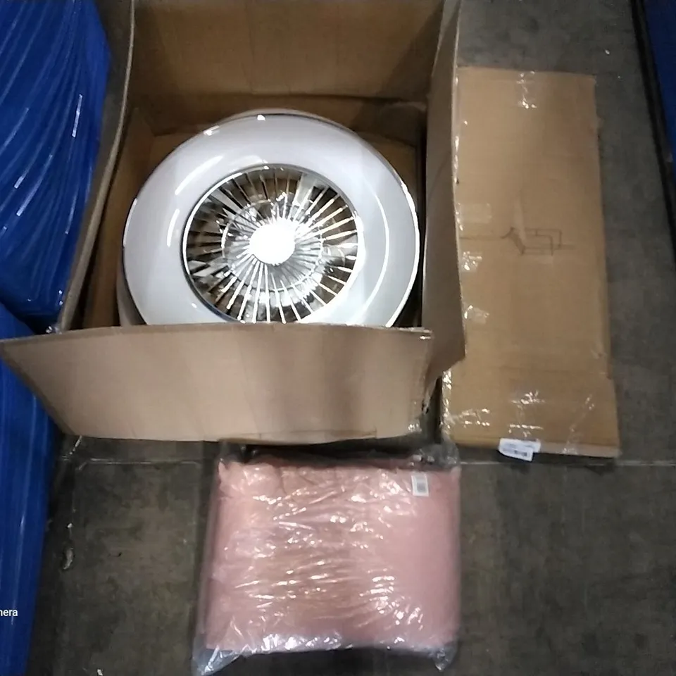 PALLET OF ASSORTED ITEMS INCLUDING CLOTHES RACK, LED CEILING FAN LIGHT, OFFICE CHAIR, COMHOME, HOMIDEC