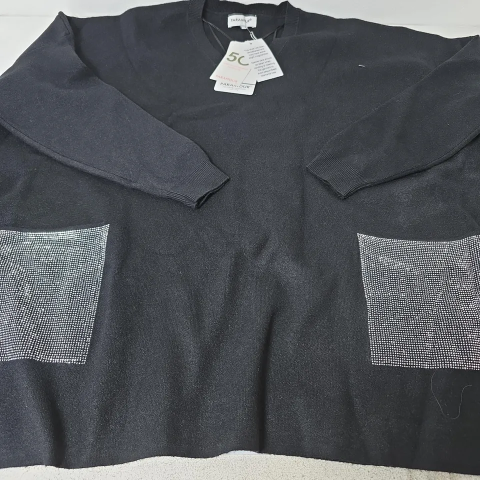 PARAMOUR V NECK DIAMANTE POCKET DETAIL JUMPER, BLACK - ONE SIZE