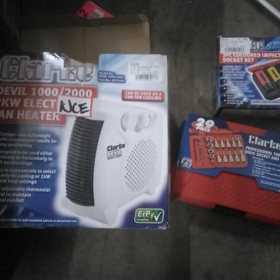 BOXED OF ASSORTED TOOLS AND ITEMS TO INCLUDE;FAN HEATER,TORX BIT SET,IMPACT SOCKET SET,ETC