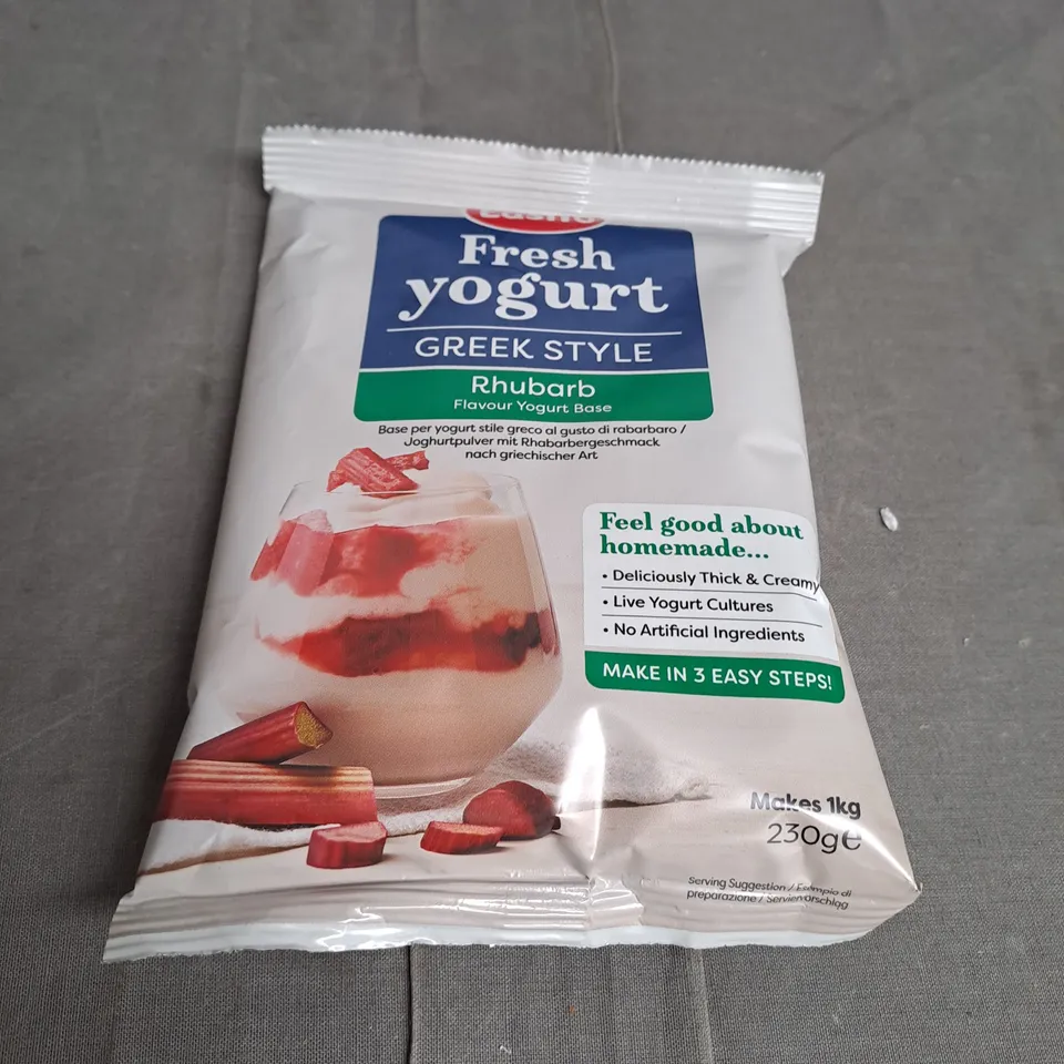 BOXED AND PACKAGED EASIYO GREEK STYLE YOGHURT POWDER - BLUEBERRY AND BLACKCURRANT , NATURAL AND RHUBARB 