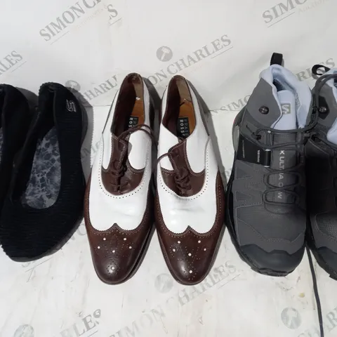 BOX OF APPROXIMATELY 10 ASSORTED PAIRS OF SHOES AND FOOTWEAR ITEMS IN VARIOUS STYLES AND SIZES TO INCLUDE FRATELLI ROSSETTI, SALOMON, ETC
