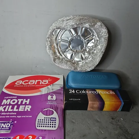 APPROXIMATELY 8 ASSORTED ITEMS TO INCLUDE - TIN FOIL BOWLS , 24 COLOURED PENCILS , ACANA MOTH KILLER ETC