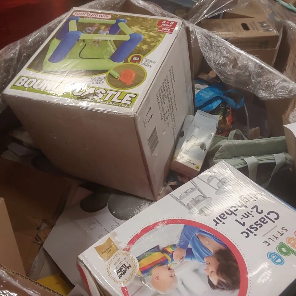 PALLET CONTAINING A VERY LARGE QUANTITY OF ASSORTED CONSUMER PRODUCTS INCLUDING: SPORTSPOWER BOUNCY CASTLE, CLASSIC 2-IN-1 HIGHCHAIR, CAR PHONE HOLDER ECT