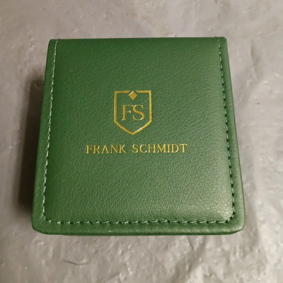 FRANK SCHMIDT GREEN DIAL GENTS WATCH WITH STAINLESS STEEL BACKCASE AND BLACK LEATHER STRAP IN BOX