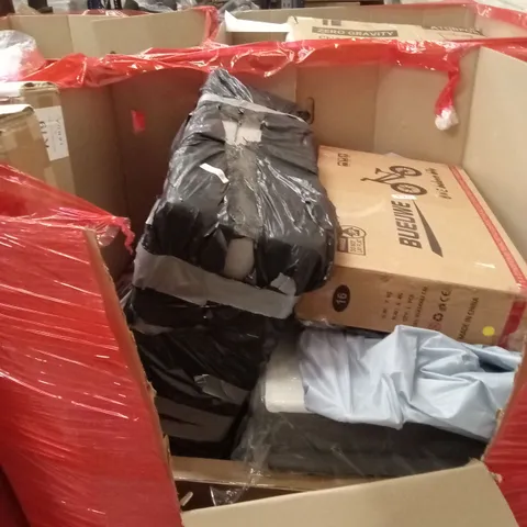 PALLET OF ASSORTED HOUSEHOLD GOODS AND PRODUCTS TO INCLUDE; CHILDRENS BIKE, ELECTRIC CLOTHES DRYER, BED PRODUCTS ETC