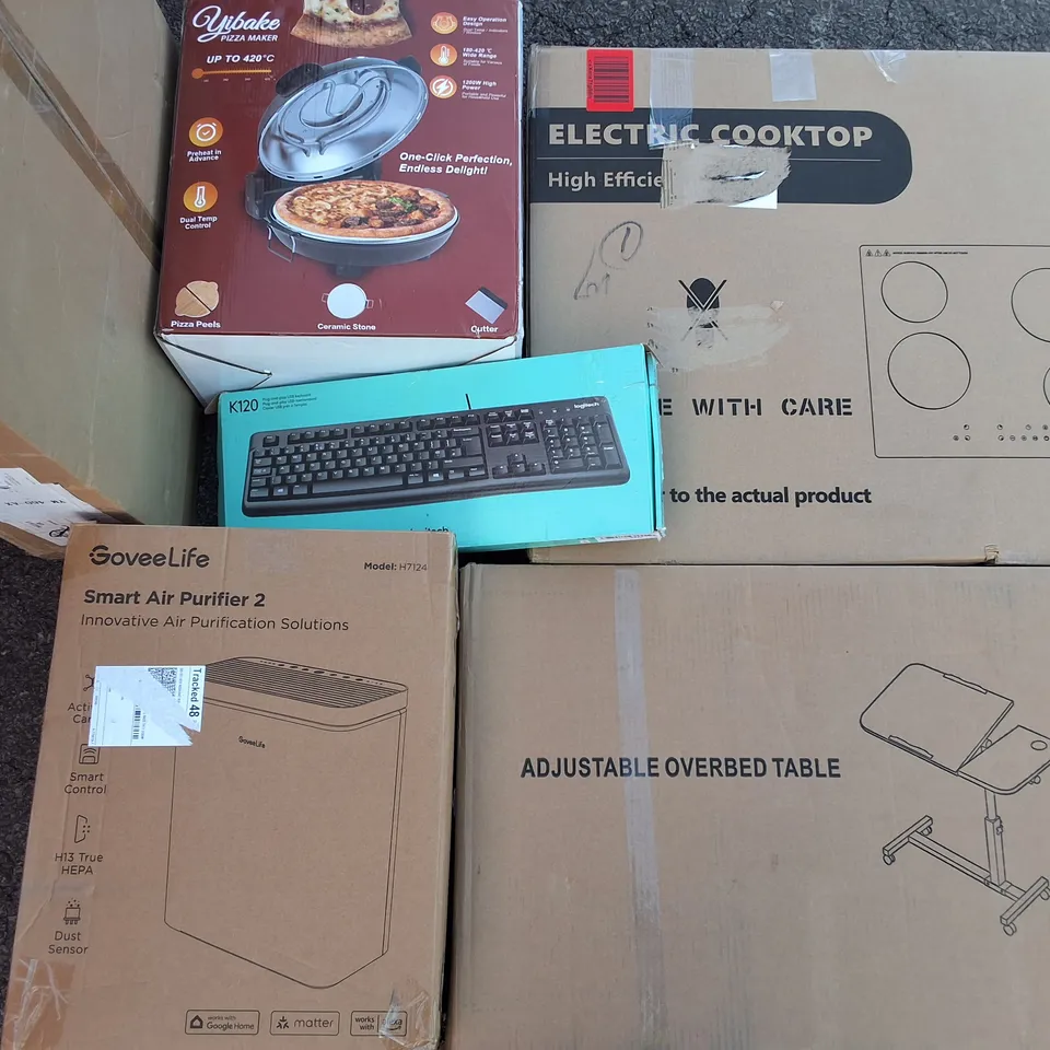 PALLET OF ASSORTED HOUSEHOLD ITEMS TO INCLUDE OVERBED TABLE,ELECTRIC COOK TOP AND SMART AIR PURIFIER 