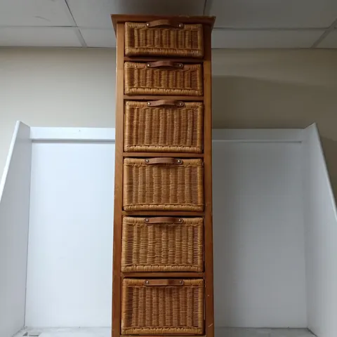 TALL WOODEN STORAGE CABINET WITH SEVEN WOVEN BASKET DRAWERS