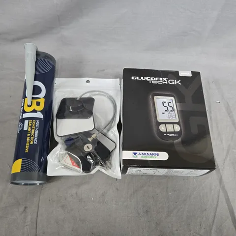 APPROXIMATELY 10 ASSORTED HOUSEHOLD ITEMS TO INCLUDE GLUCOFIX TECH, METAL PLATES AND SEALANT
