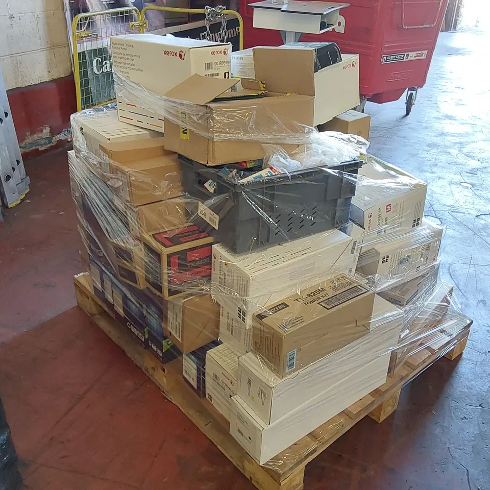 PALLET OF APPROXIMATELY 70X BOXES OF BRAND NEW ASSORTED PRINTER CARTRIDGES FROM BRANDS INCLUDING; HP, XEROX, PANASONIC, CANON, KATUN, DATAPRODUCTS ECT AND 11 ROLLS OF PREMIUM PRINTER WAX