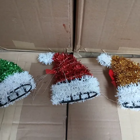 APPROXIMATELY 12 THREE PIECE TINSEL SANTA HAT WITH WHITE LEDS