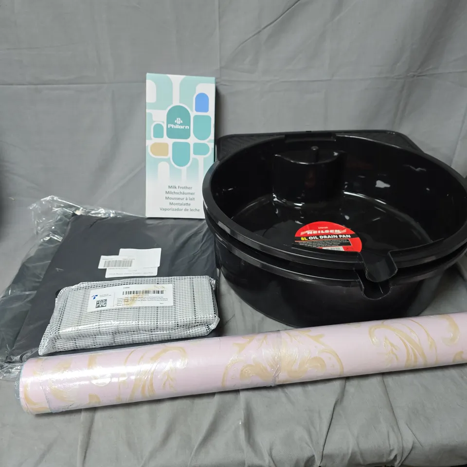 APPROXIMATELY 10 ASSORTED ITEMS TO INCLUDE BODY WEIGHTS, 8L OIL DRAIN PAN, WALLPAPER, ETC