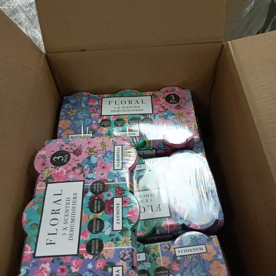 BOX OF APPROXIMATELY 10 X 3 PACK FLORA SCENTED DEHUMIDIFIERS 