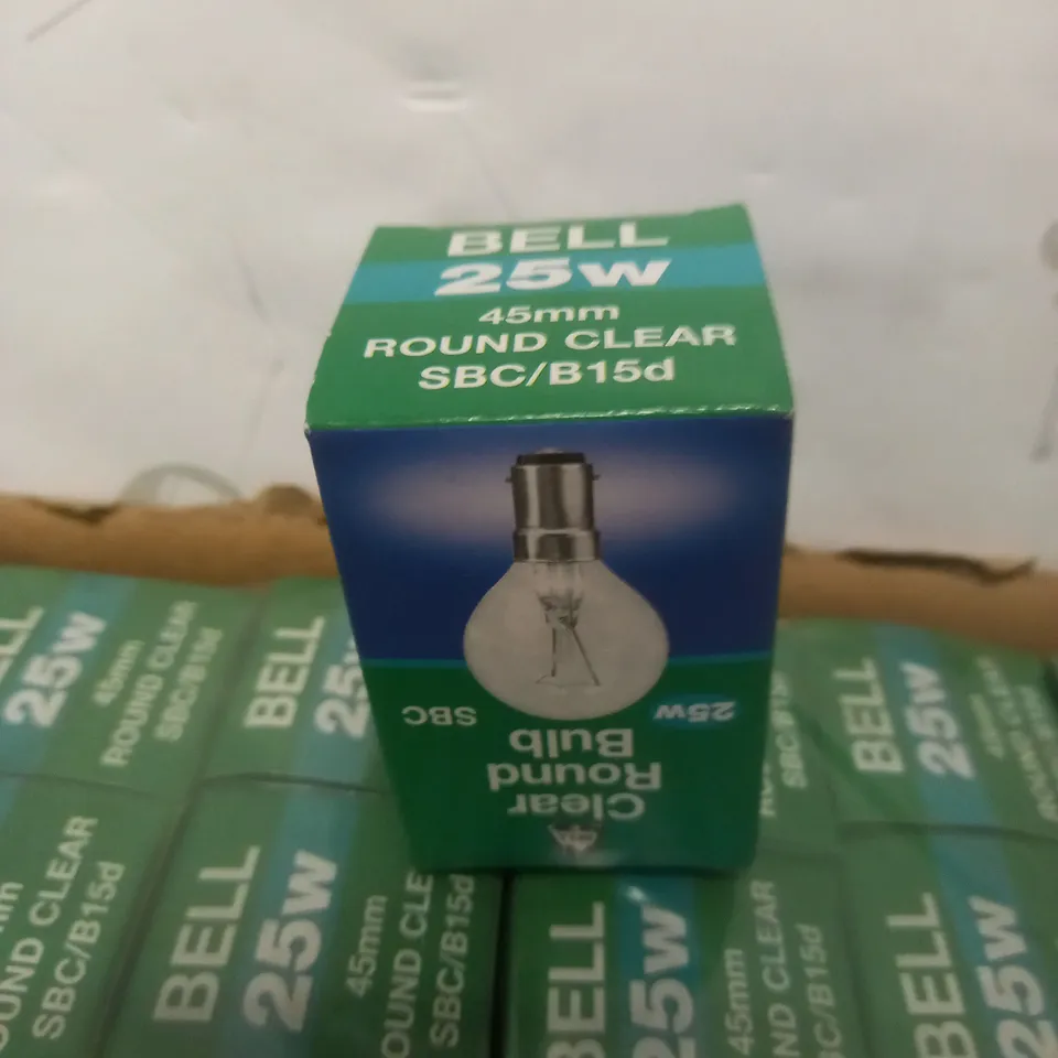 LOT TO CONTAIN APPROXIMATELY 43 BELL 25W 45MM ROUND CLEAR SBC/B15D LIGHT BULBS