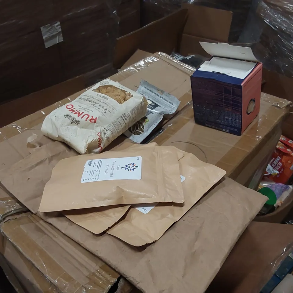PALLET CONTAINING A LARGE ASSORTMENT OF FOOD ITEMS, LOCK BOX ECT