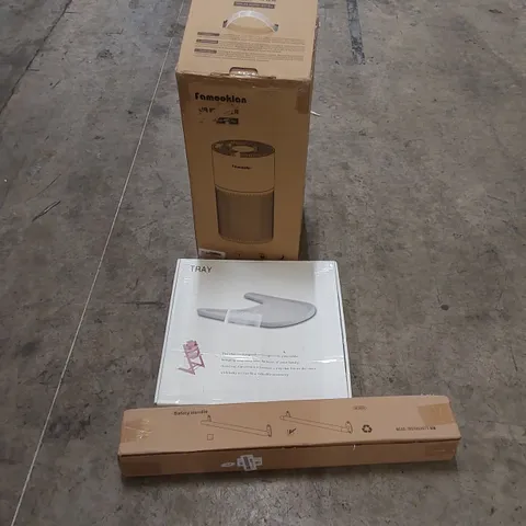 PALLET OF ASSORTED HOUSEHOLD ITEMS AND CONSUMER PRODUCTS. INCLUDES; AIR PURIFIER, BABY TRAY, SAFETY HANDLE, CHRISTMAS TREE, BOXED FURNITURE ETC