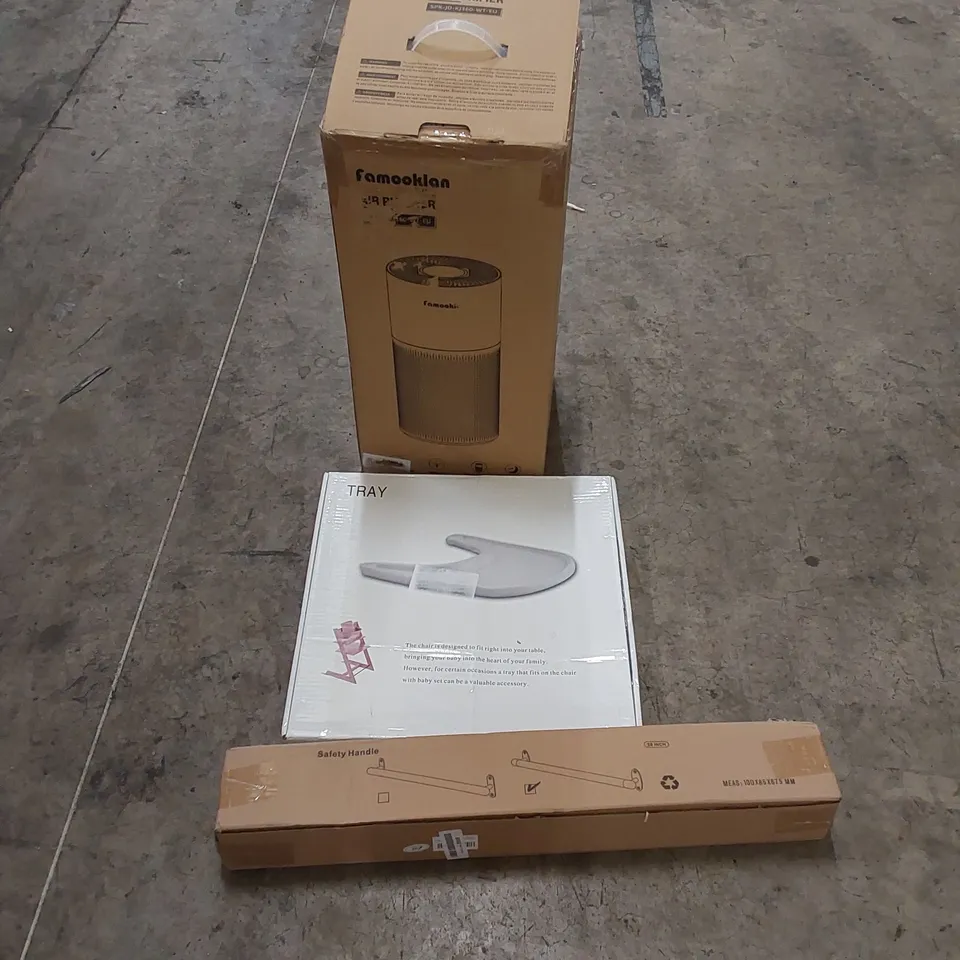 PALLET OF ASSORTED HOUSEHOLD ITEMS AND CONSUMER PRODUCTS. INCLUDES; AIR PURIFIER, BABY TRAY, SAFETY HANDLE, CHRISTMAS TREE, BOXED FURNITURE ETC 