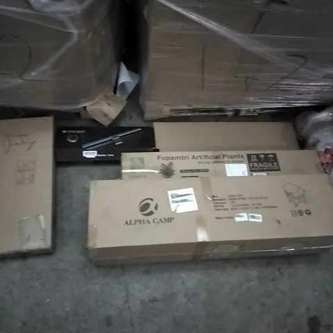 PALLET OF ASSORTED ITEMS INCLUDING ALPHA CAMP MOON CHAIR, MONITOR LAMP, FOPAMTRI ARTIFICIAL PLANTS, TIMBER RIDGE CAMPING WAGON, RECCI BEDDING, STREAM PRESSURE WASHER