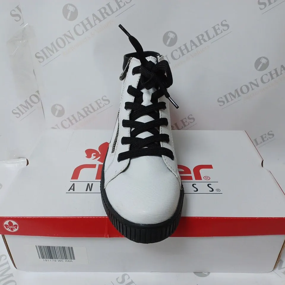 BOXED PAIR OF RIEKER HIGH TOP TRAINERS WITH SIDE ZIP IN WHITE SIZE 6.5