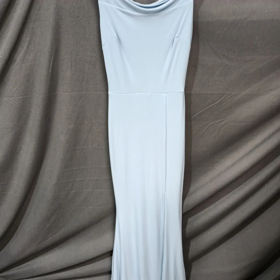CLUB L LONDON POWDER BLUE BARDOT DRAPED SPLIT MAXI DRESS, UK 6