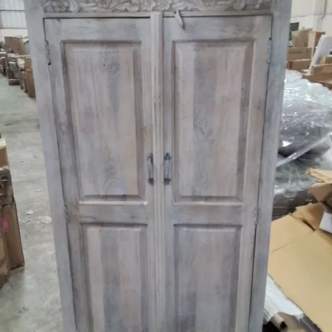 LARGE PRE-BUILT CARVED WOOD WHITE WASH TWO DOOR CABINET