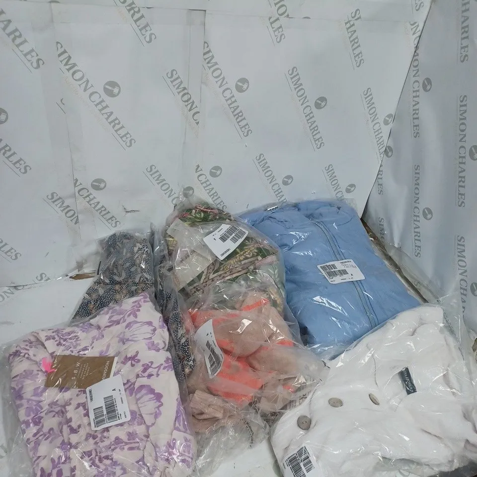 LARGE BOX OF ASSORTED CLOTHING ITEMS TOO INCLUDE TOPS , TROUSERS AND JUMPERS COMING IN DIFFERENT COLOURS AND SIZES 