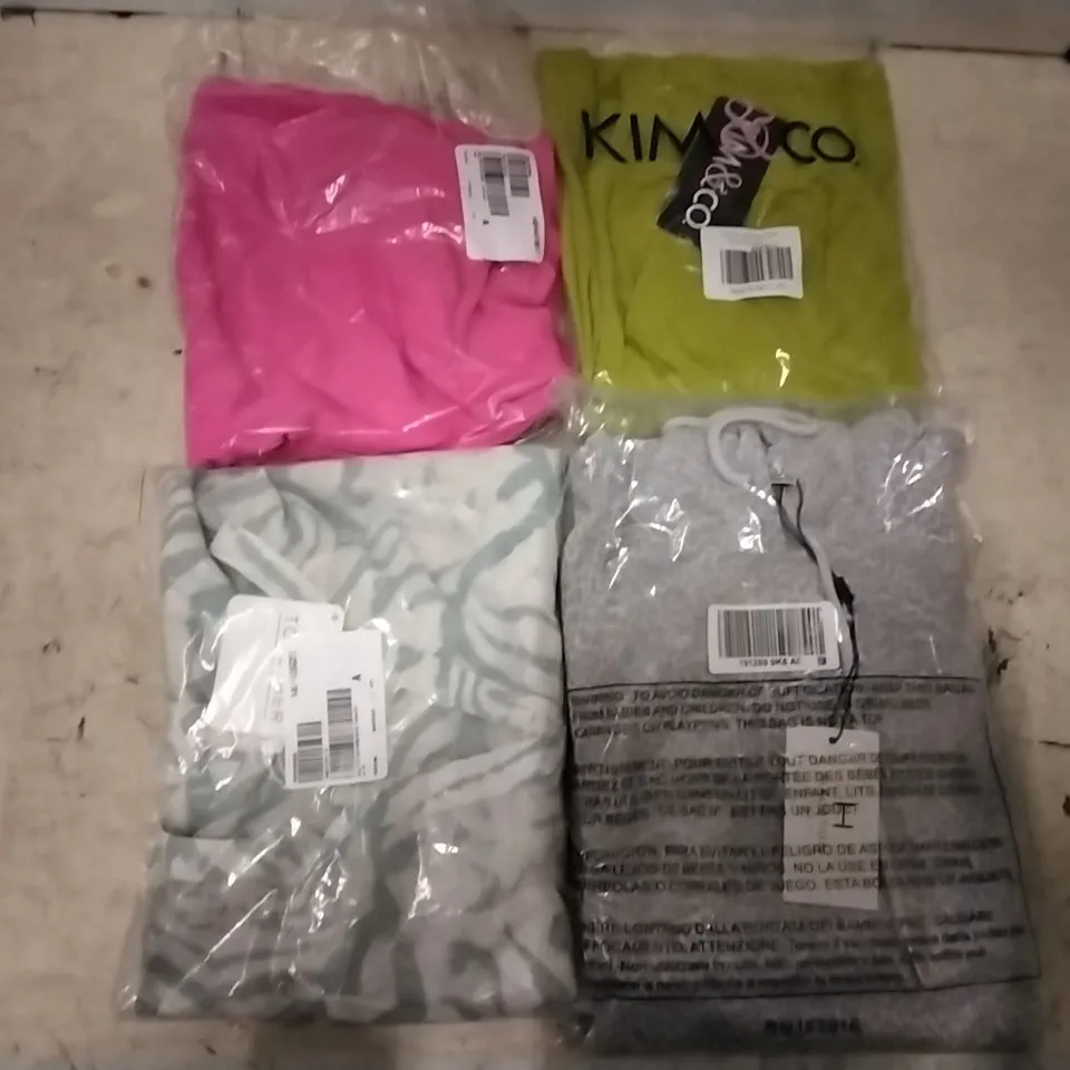 BOX OF ASSORTED CLOTHING TO INCLUDE KIM&CO HOT PINK & YELLOE/GREEN JERSEY CULOTTES SMALL, TOGETHER ZEBRA PRINT WHITE/BLUE BLOUSE SIZE 18, HALSTON PULLOVER JUMPER SIZE XS