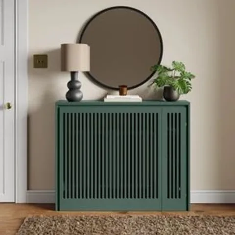 BOXED DUNELM MARY RADIATOR COVER WITH STORAGE BOTTLE GREEN (1 BOX)