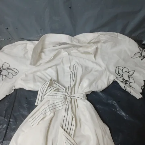 EMBROIDERED TIE WAIST MINI DRESS - WHITE - SIZE 18
