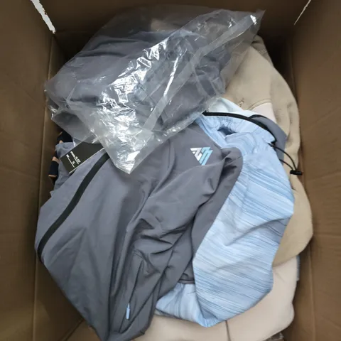 LARGE BOX OF APPROXIMATELY 25 ASSORTED CLOTHING ITEMS IN VARIOUS COLOURS, STYLES AND SIZES - COLLECTION ONLY