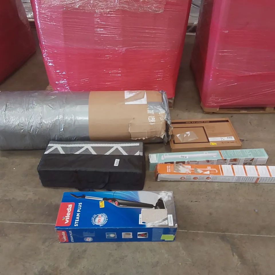 PALLET OF ASSORTED ITEMS INCLUDING: MATTRESS/MATTRESS TOPPER (UNSPECIFIED), A3 LIGHT PAD, RETRACTABLE SAFETY GATES, MAT, VILEDA STEAM MOP ECT